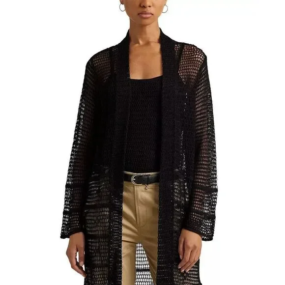 New RALPH LAUREN Women's Open Knit Linen Blend Cardigan  $245 Fringe Black Mediu - Picture 2 of 6